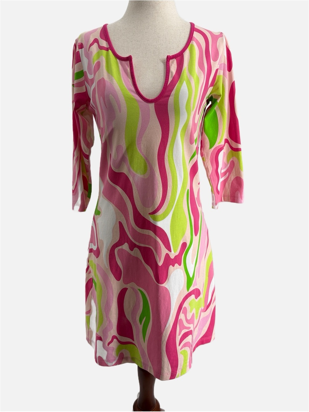 AnaClare Bridget Marbling Print Shift Dress Pink Lime Abstract 3/4 Sleeve Small